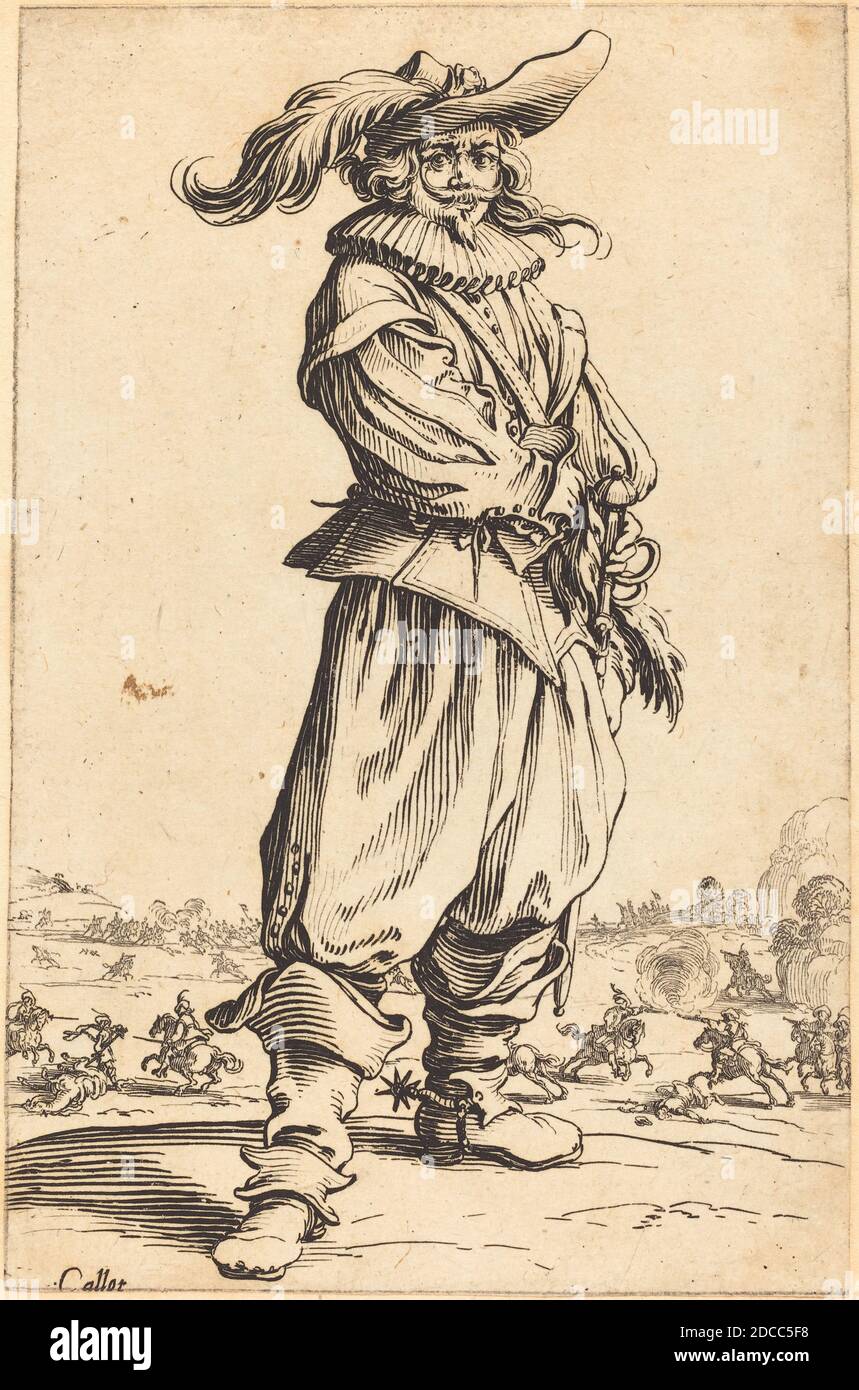 Jacques Callot, (artista), francese, 1592 - 1635, Soldato con cappello piume, la nobiltà di Lorena, (serie), c.. 1620/1623, acquaforte Foto Stock