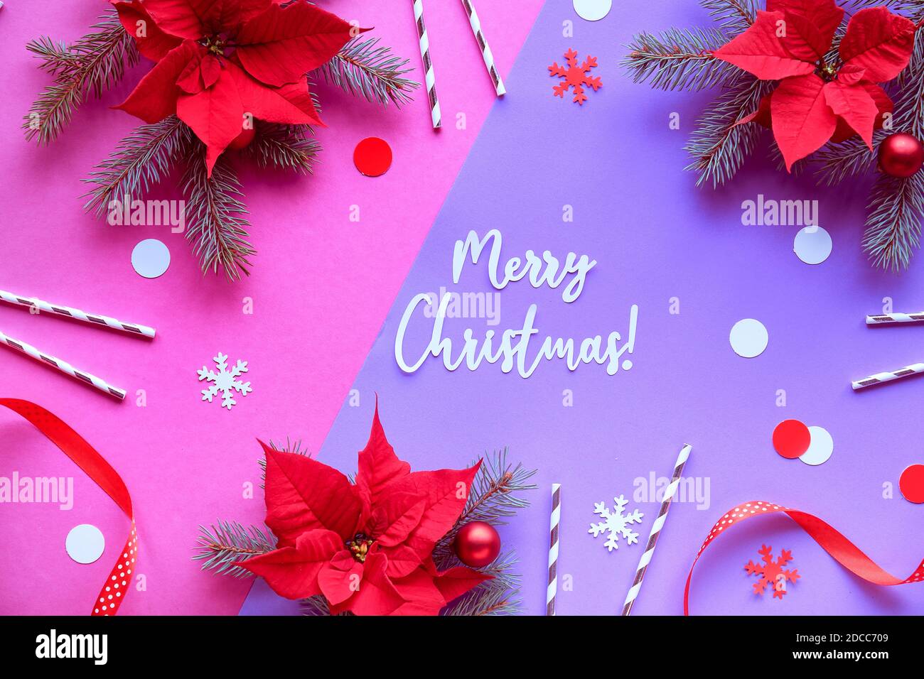 Texte sur Buon Natale. Poinsettia, fiocchi di neve, confetti di carta bicolore. Vista dall'alto, design viola rosso Foto Stock