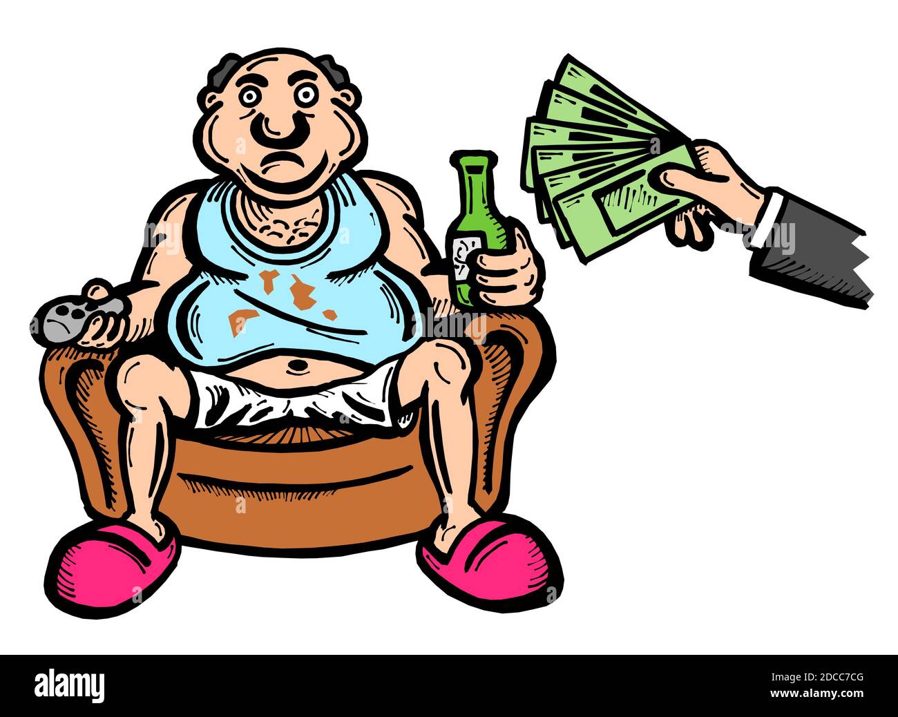 Incondizionato reddito di base - l'uomo disoccupato grasso è seduto in sedia e guardare la TV e bere birra. Mano gli sta dando soldi, stipendio / benessere Foto Stock