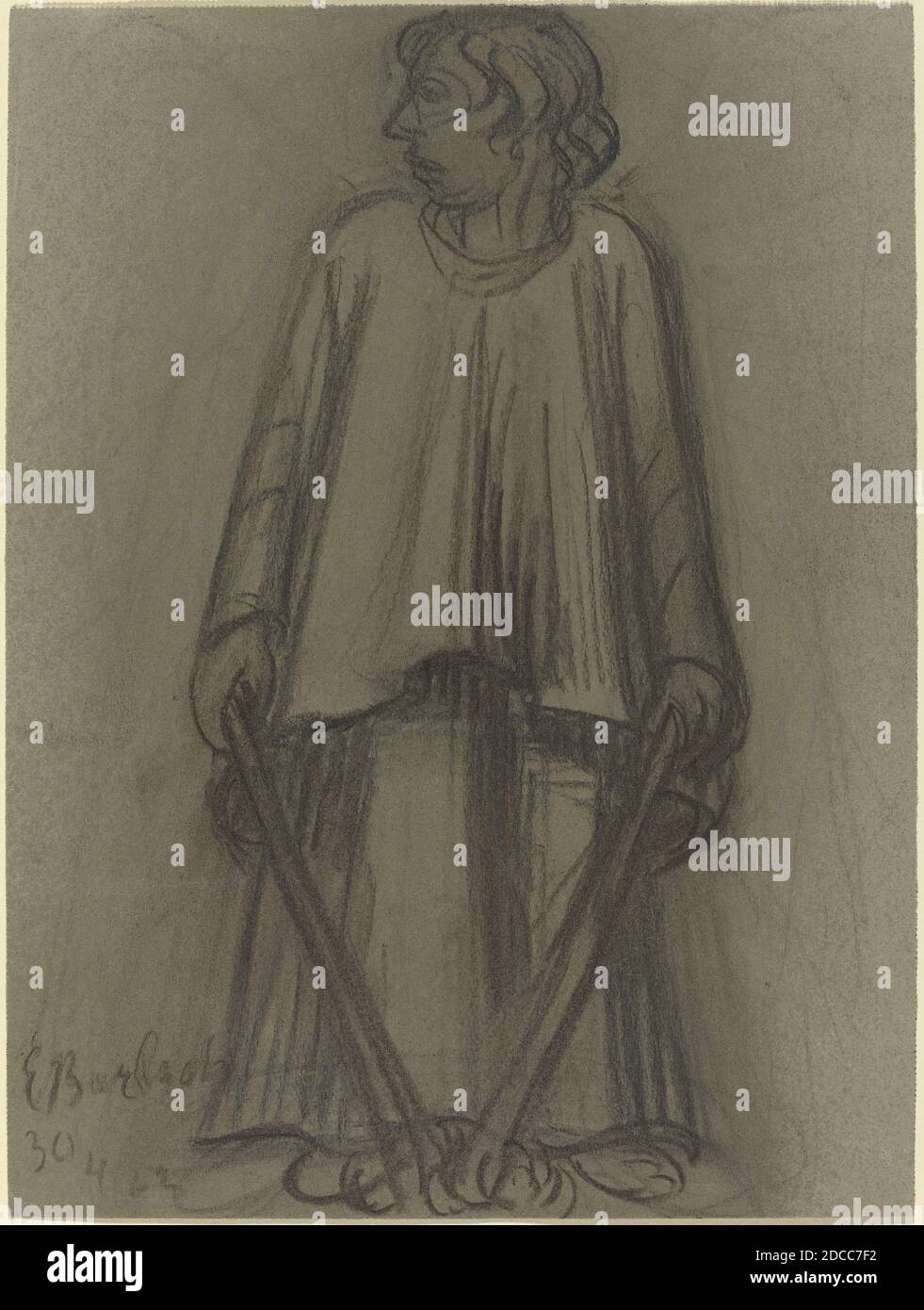 Ernst Barlach, (artista), tedesco, 1870 - 1938, personaggio in piedi con torce estintate, 1922, carbone su carta verde-grigia, totale: 35.2 x 26.2 cm (13 7/8 x 10 5/16 pollici Foto Stock