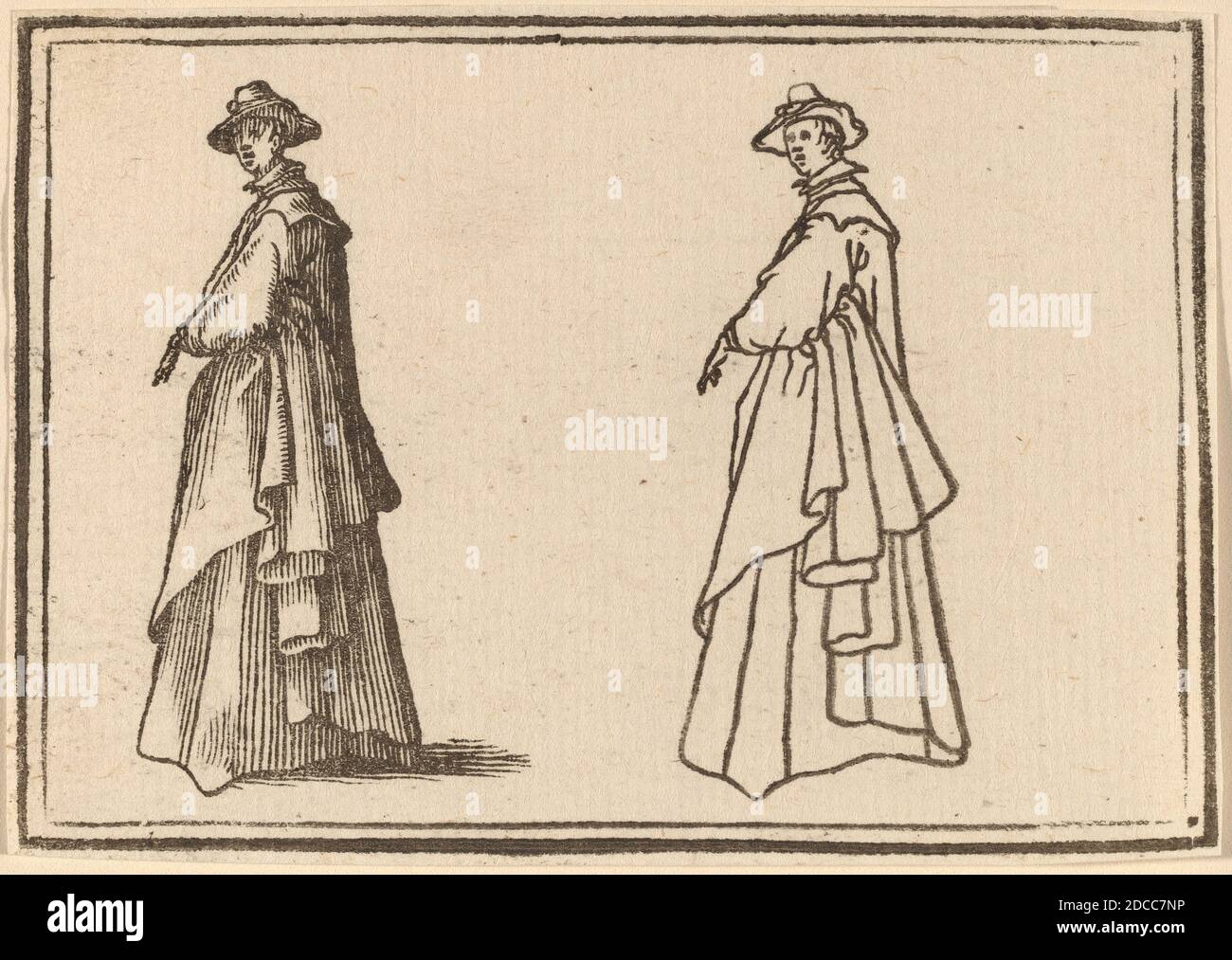 Edouard Eckman, (artista), fiammingo, nato c. 1600, Jacques Callot, (artista dopo), francese, 1592 - 1635, Donna in piedi in una grande camice, 1621, taglio di legno Foto Stock