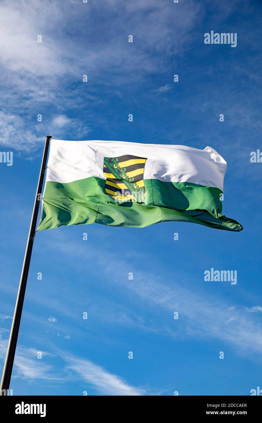 Coblenza, Germania. 17 Nov 2020. Bandiera dello stato federale della Sassonia con stemma. Coblenza, 17 novembre 2020 | Use worldwide Credit: dpa/Alamy Live News Foto Stock