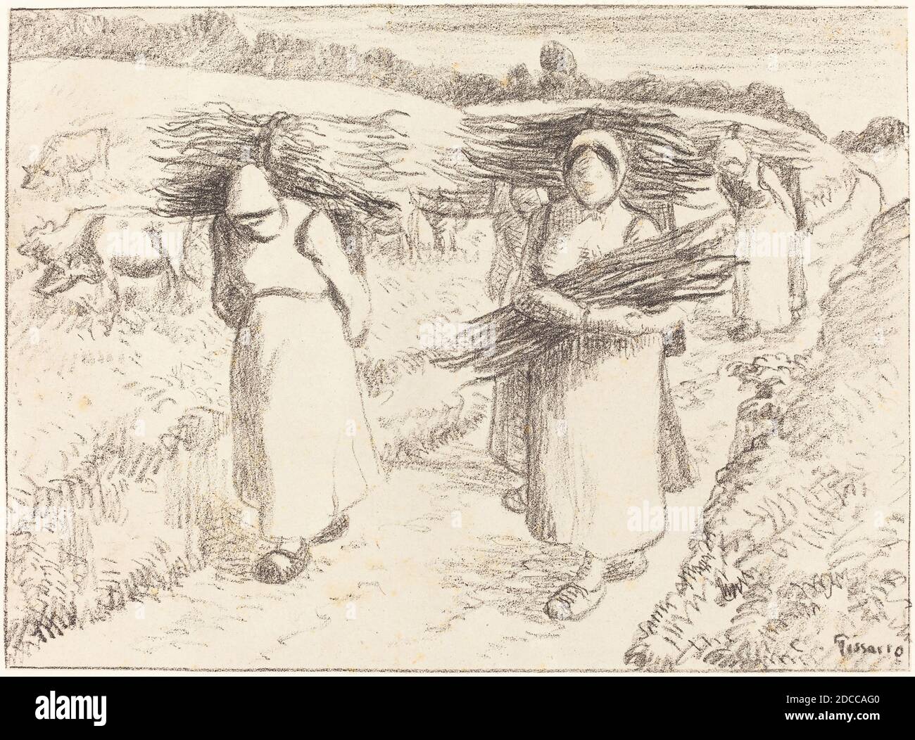 Camille Pissarro, (artista), francese, 1830 - 1903, contadini con bastoncini (Paysannes portant des fagots), 1896, litografia (zinco Foto Stock