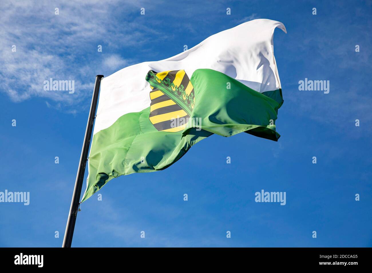 Coblenza, Germania. 17 Nov 2020. Bandiera dello stato federale della Sassonia con stemma. Coblenza, 17 novembre 2020 | Use worldwide Credit: dpa/Alamy Live News Foto Stock