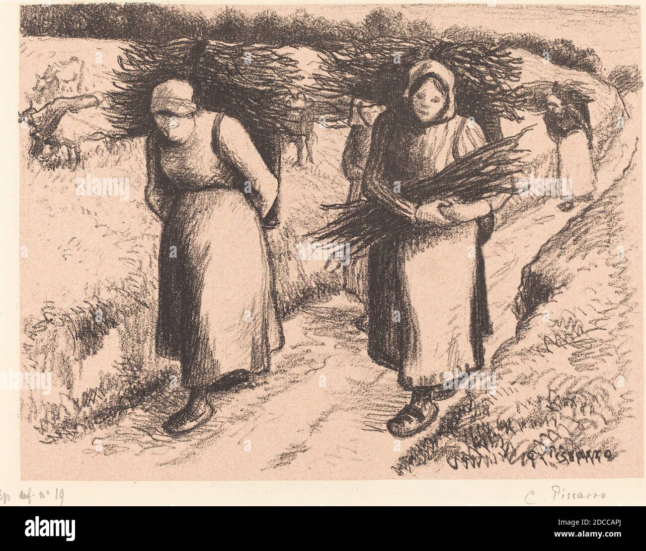 Camille Pissarro, (artista), francese, 1830 - 1903, contadini con bastoncini (Paysannes portant des fagots), 1896, litografia (zinco) su carta rosa Chine colle, immagine: 21 x 28.5 cm (8 1/4 x 11 1/4 pollici), foglio: 31.7 x 45 cm (12 1/2 x 17 11/16 pollici Foto Stock