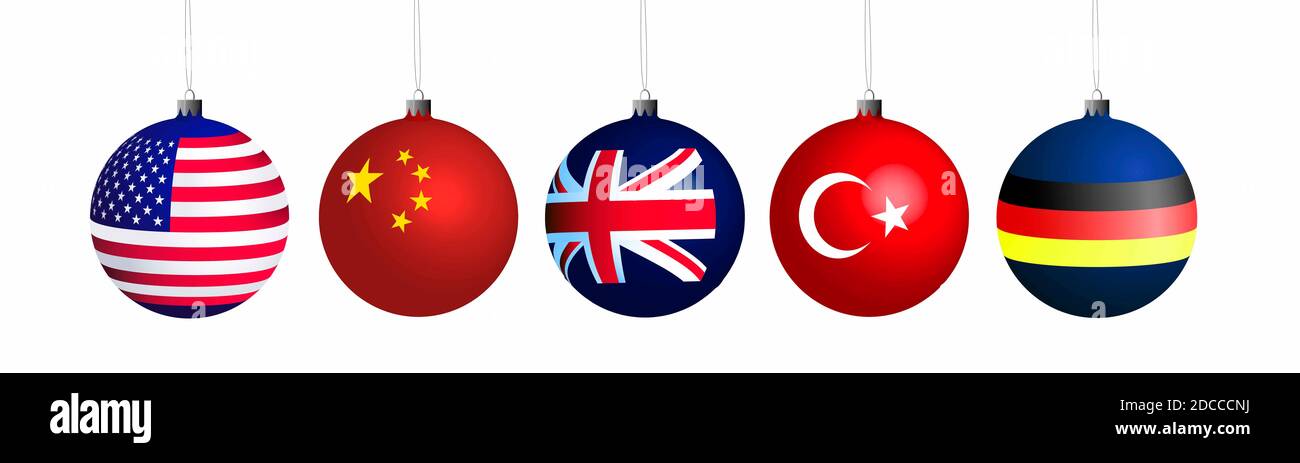 Una serie di decorazioni per alberi di Natale con immagini di bandiere di paesi - leader dello sviluppo economico Foto Stock