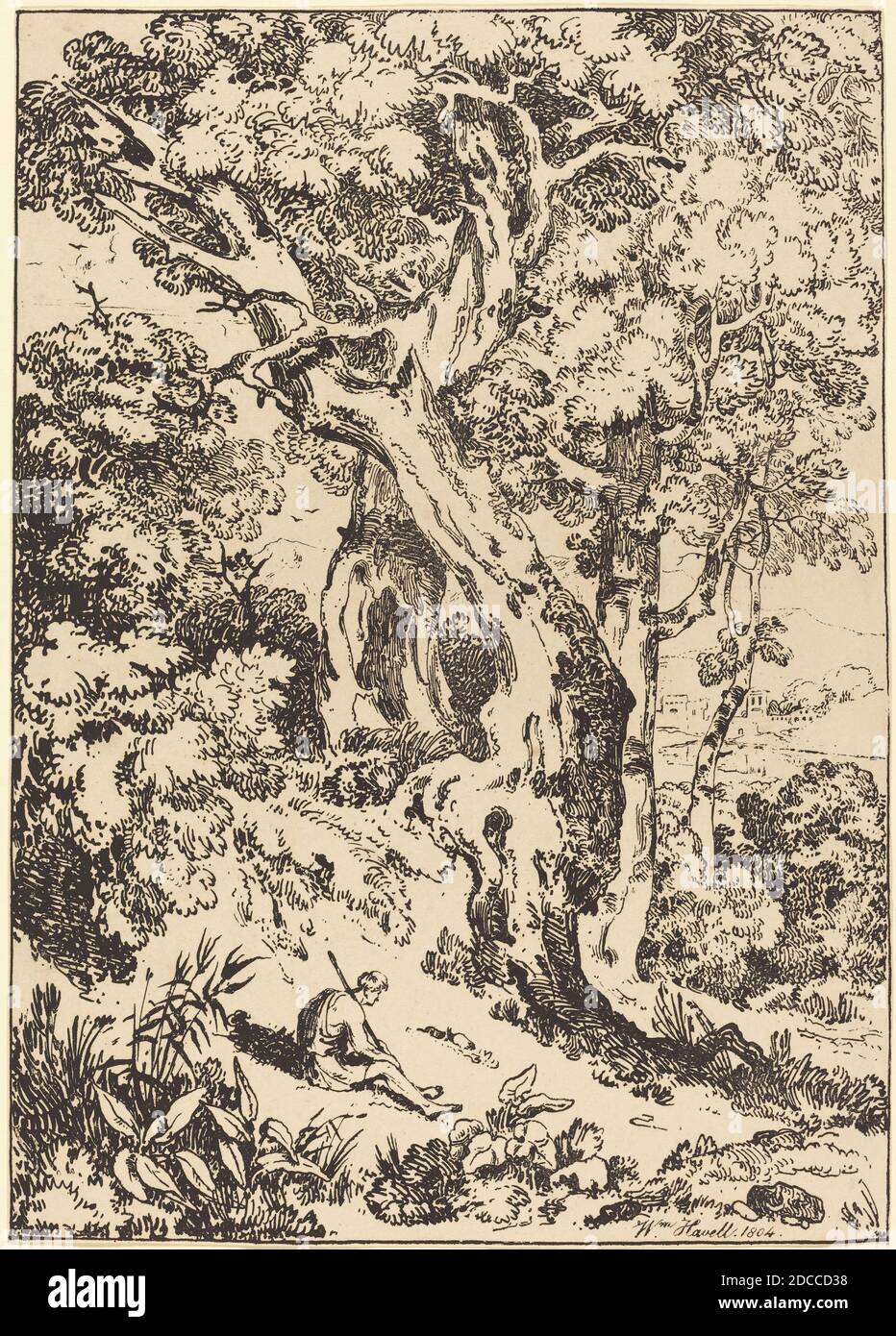 William Havell, (artista), britannico, 1782 - 1857, Studio di alberi e arbusti con figure sedute, esemplari di poliautografia, (serie), 1804, litografia a penna e a crepuscolo Foto Stock