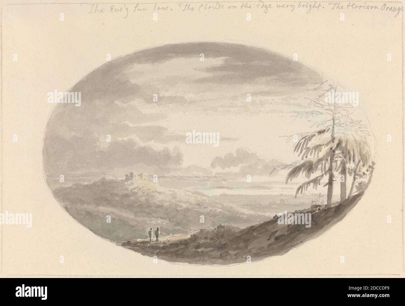 Anthony Devis, (artista), British, 1729 - 1817, Sunset Over the Valley, bags grigio e marrone su grafite su carta wove, totale: 15.9 x 23.1 cm (6 1/4 x 9 1/8 pollici Foto Stock