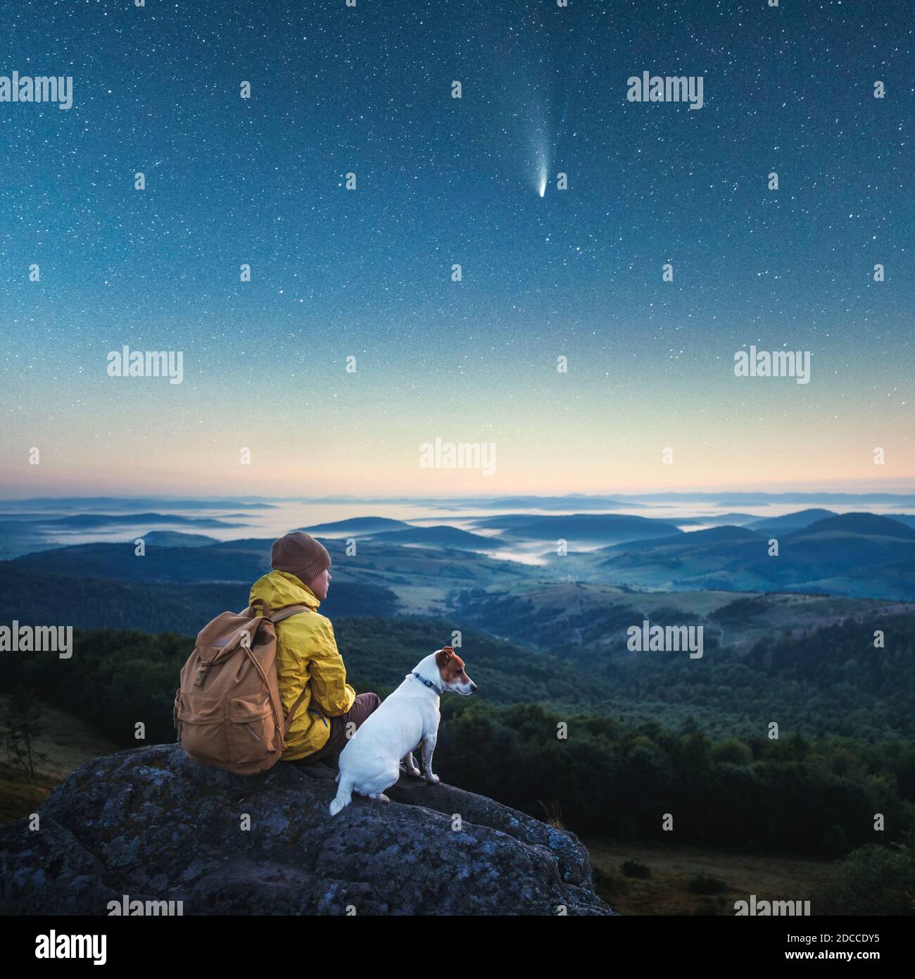 Solo turista seduto sul bordo della scogliera con cane bianco sullo sfondo di una montagna incredibile con cielo stellato notte. Fotografia di paesaggio Foto Stock