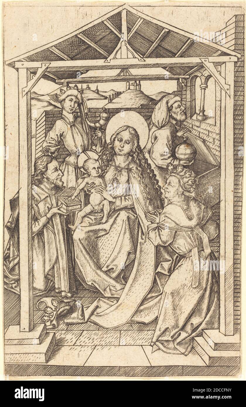 Master E.S., (artista), tedesco, attivo c. 1450 - attivo 1467, l'Adorazione dei Magi, c.. 1460/1465, incisione Foto Stock