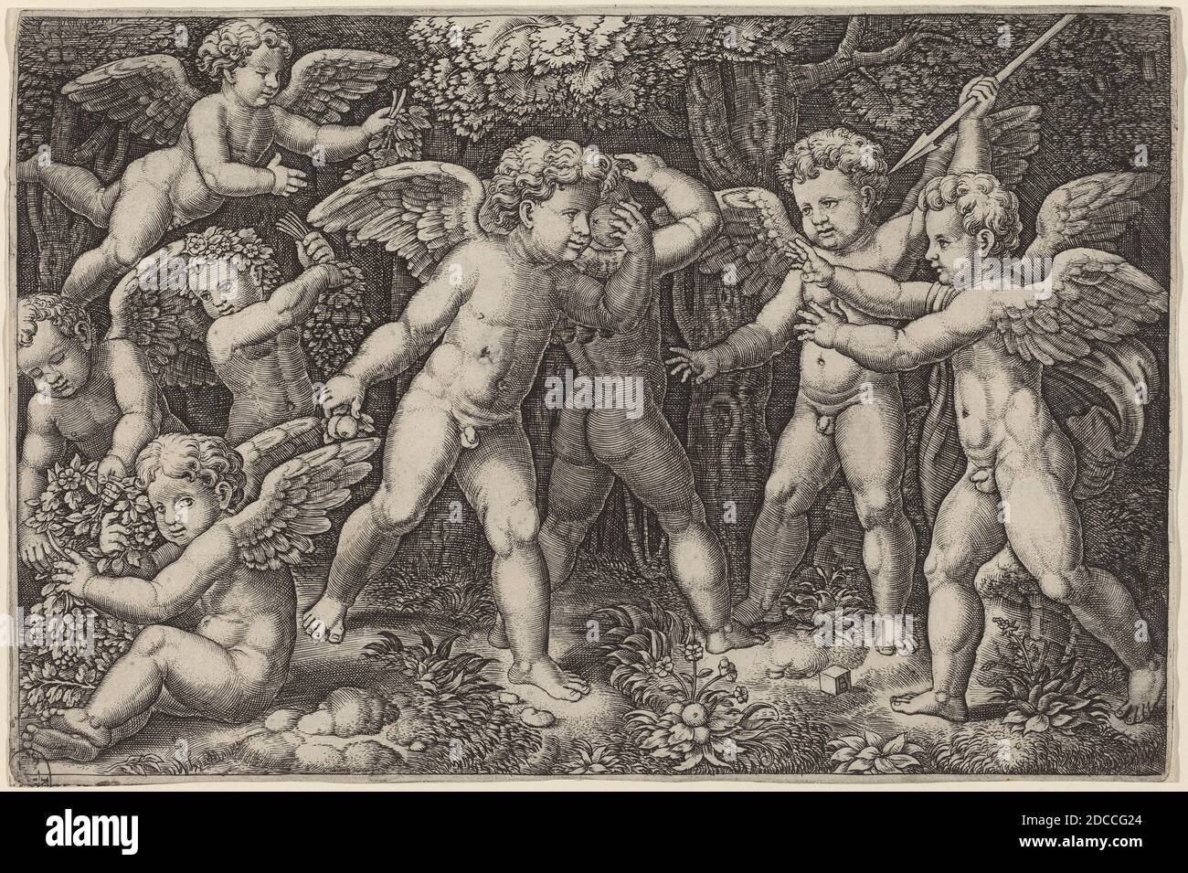 Master of the Die, (artista), romano, attivo c.. 1532, Raphael, (artista dopo), Marchigiano, 1483 - 1520, Putti Playing, incisione Foto Stock