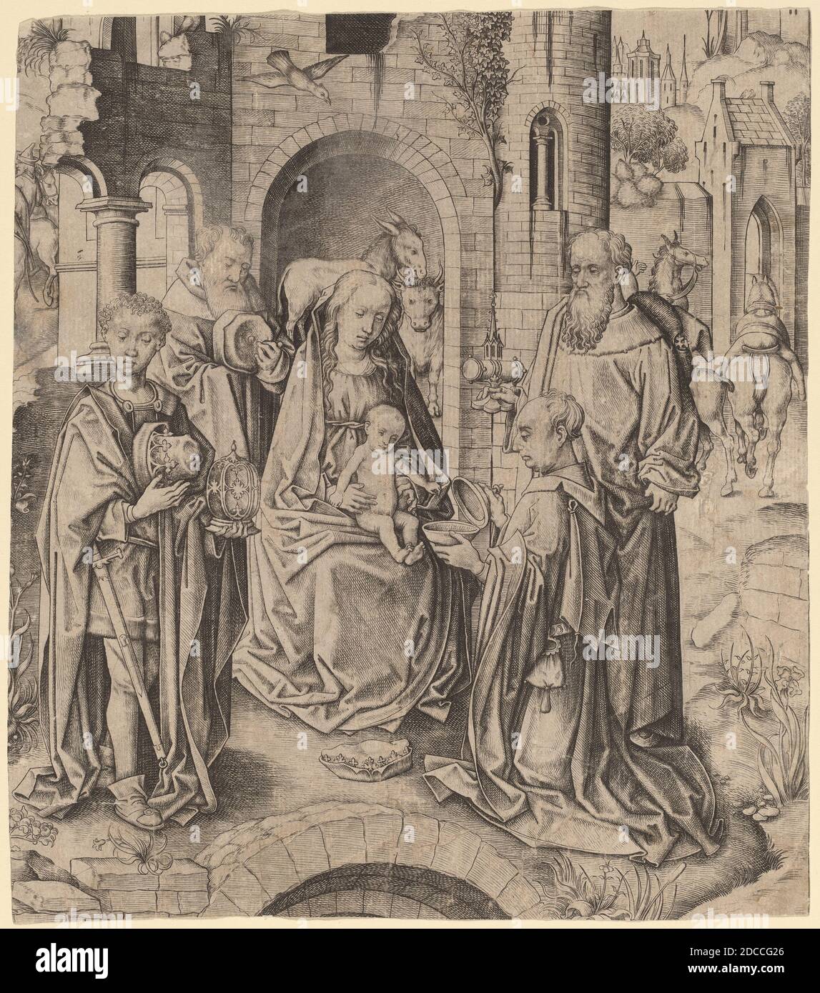 Maestro I.A.M. di Zwolle, (artista), olandese, attivo c. 1470/1490, l'Adorazione dei Magi, c.. 1480/1485, incisione Foto Stock