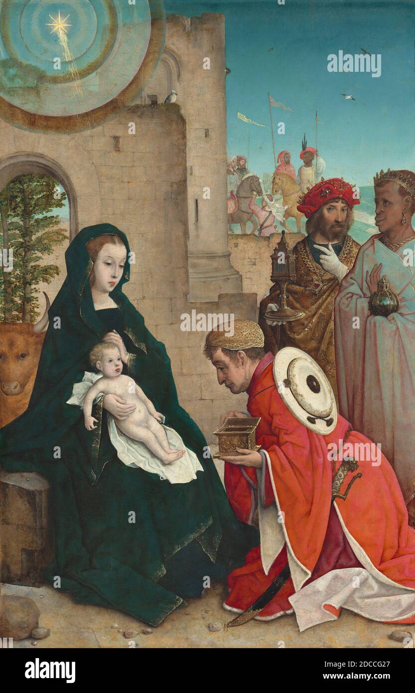 Juan de Flandes, (artista), Hispano-Flemish, attivo 1496 - 1519, l'Adorazione dei Magi, quattro pannelli dalla pala d'altare di San Lazaro, (serie), c. 1508/1519, olio su pannello, superficie verniciata: 124.7 x 79 cm (49 1/8 x 31 1/8 in.), totale (pannello): 126 x 82 cm (49 5/8 x 32 5/16 in.), incorniciato: 143.2 x 99.7 x 10.7 cm (56 3/8 x 39 1/4 x 4 3/16 in Foto Stock