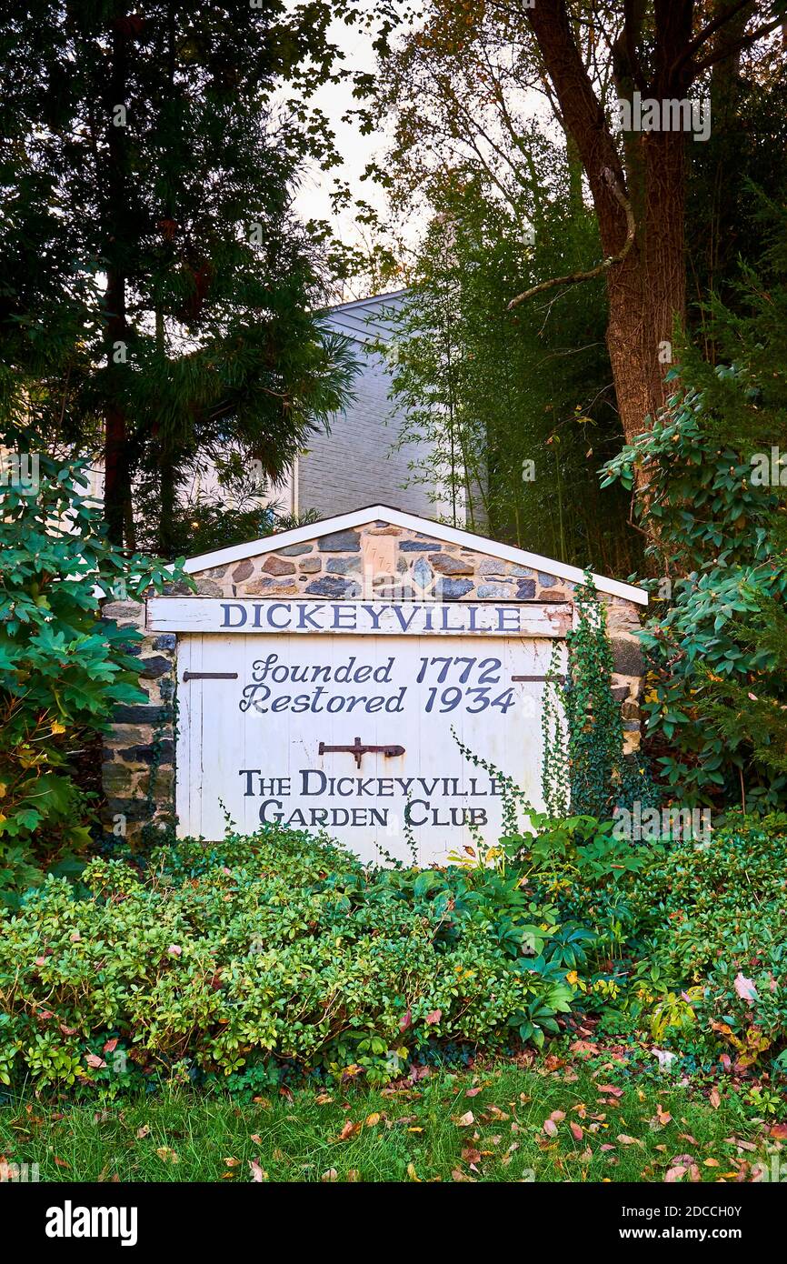 L'ingresso, cartello di benvenuto a Dickeyville, la città storica dei mulini dell'epoca coloniale. A Baltimora, Maryland. Foto Stock