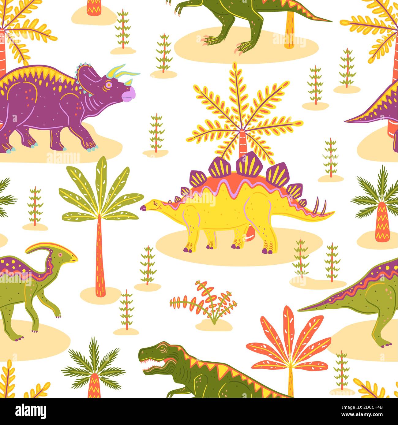 Modello senza cuciture con tirannosauro, triceratops, parasaurolofo e stegosauro. Colorati dinosauri vettoriali e palme Illustrazione Vettoriale