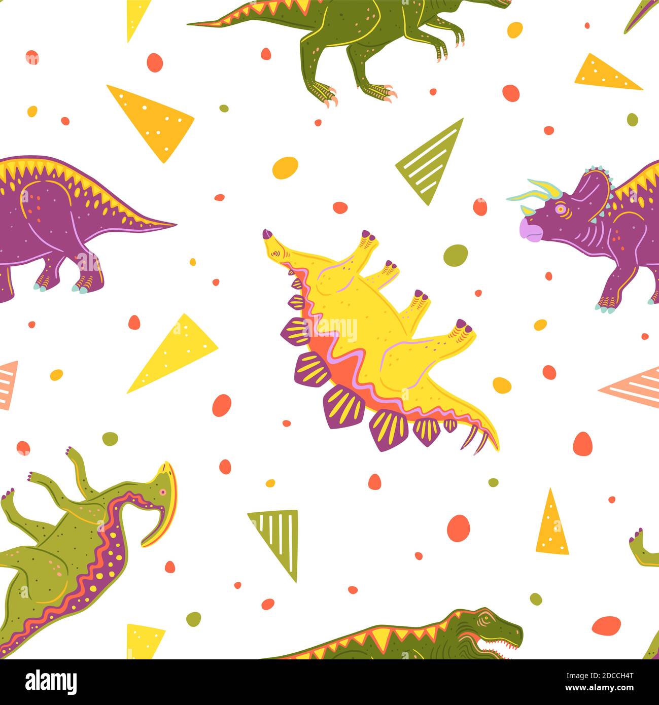 Modello senza cuciture con tirannosauro, triceratops, parasaurolofo e stegosauro. Dinosauri vettoriali colorati Illustrazione Vettoriale