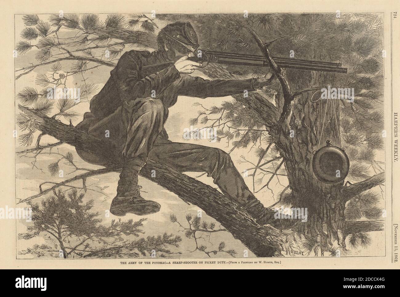 American 19th Century, (artista), Winslow Homer, (artista dopo), American, 1836 - 1910, The Army of the Potomac - A Sharp-Shooter on Picket Duty, from 'Harper's Weekly', November 15, 1862, p.724, (serie), 1862, incisione su carta da giornale, immagine: 23.2 x 35 cm (9 1/8 x 13 3/4 in.), foglio: 28.7 x 41.9 cm (11 5/16 x 16 1/2 pollici Foto Stock