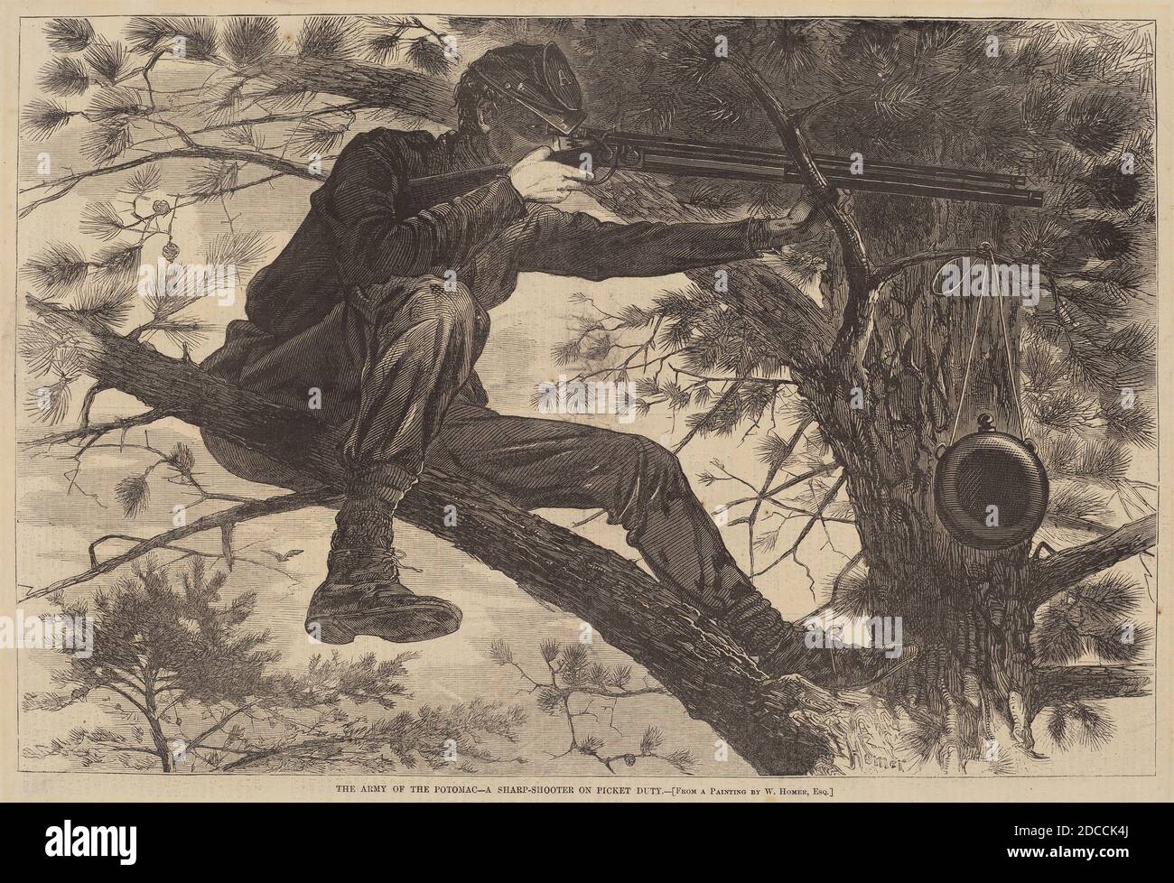 American 19th Century, (artista), Winslow Homer, (artista dopo), American, 1836 - 1910, The Army of the Potomac - A Sharp-Shooter on Picket Duty, from 'Harper's Weekly', 15 novembre 1862, p.724, (serie), pubblicato 1862, incisione in legno Foto Stock