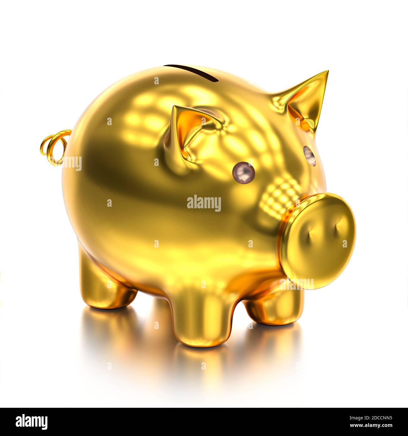 Golden piggy bank su sfondo bianco lucido Foto Stock