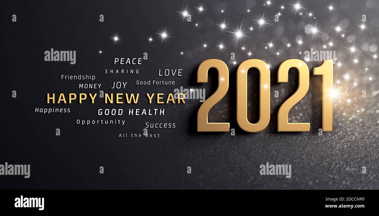 Auguri di buon anno e numero di data 2021, colorato in oro, su sfondo nero festoso, con luccichio e stelle - illustrazione 3D Foto Stock