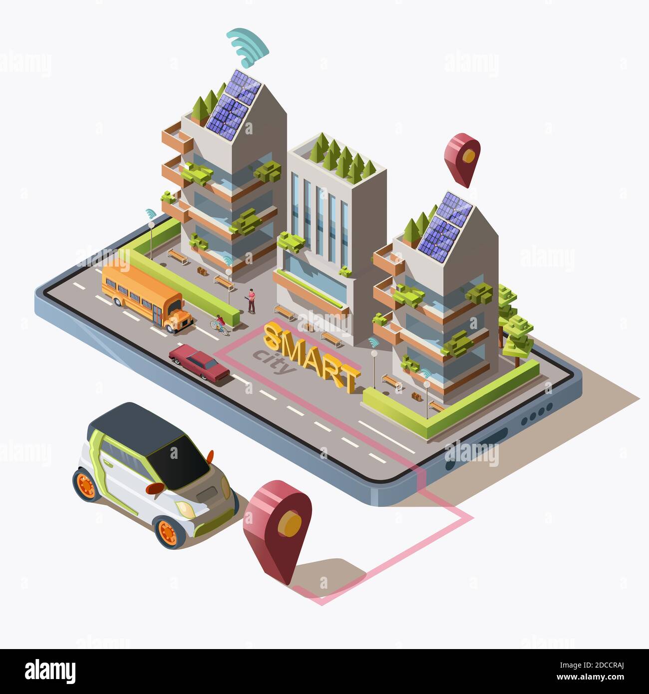 Città intelligente isometrica con auto, strada, persone, edifici ecologici moderni e trasporto su smartphone. Business center con pannelli solari sul tetto. illustrazione vettoriale 3d. Illustrazione Vettoriale