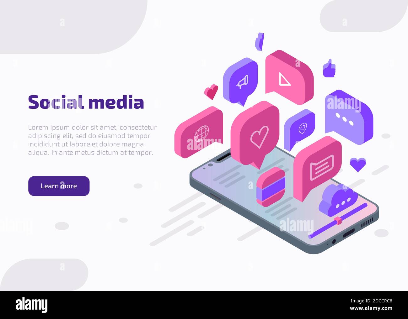 Banner Web isometrico di marketing sui social media, modello di landing page. Concetto di influencer con come, chat, video, musica, cuore, cloud, icone Internet dallo schermo dello smartphone. illustrazione vettoriale 3d. Illustrazione Vettoriale