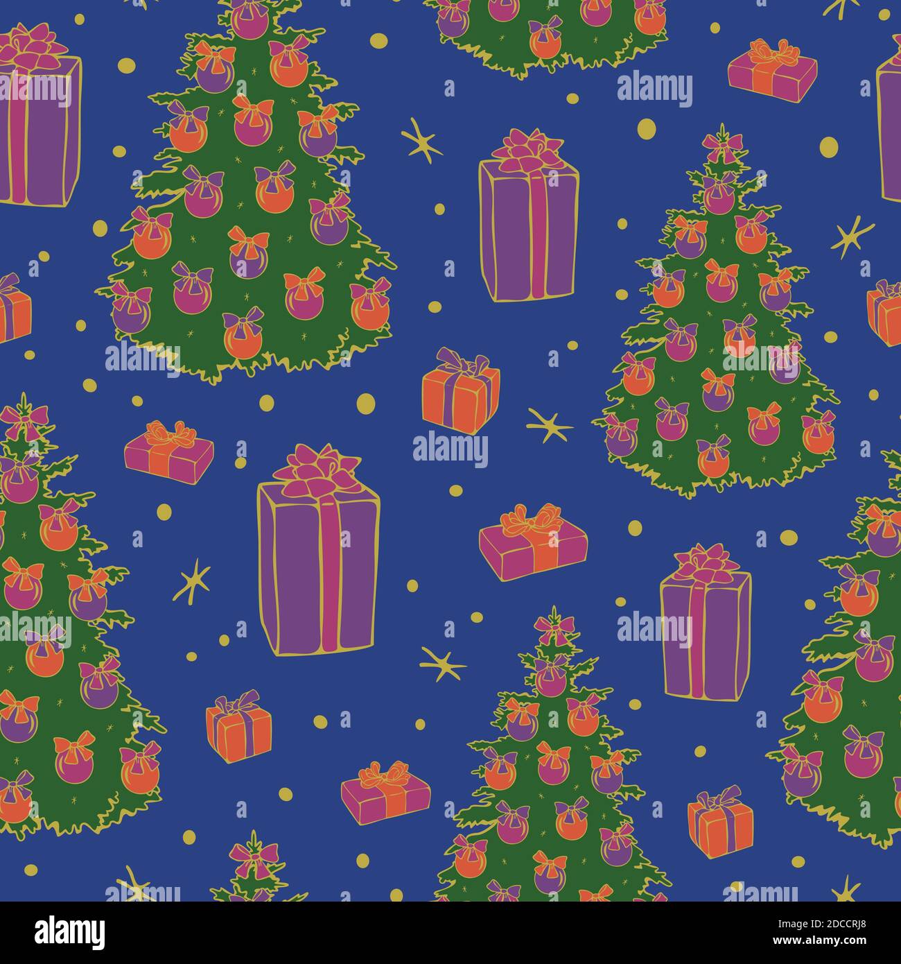 Modello vettoriale senza giunture di alberi di Natale decorati, scatole regalo, stelle e neve. Design Ney Year. Illustrazione Vettoriale