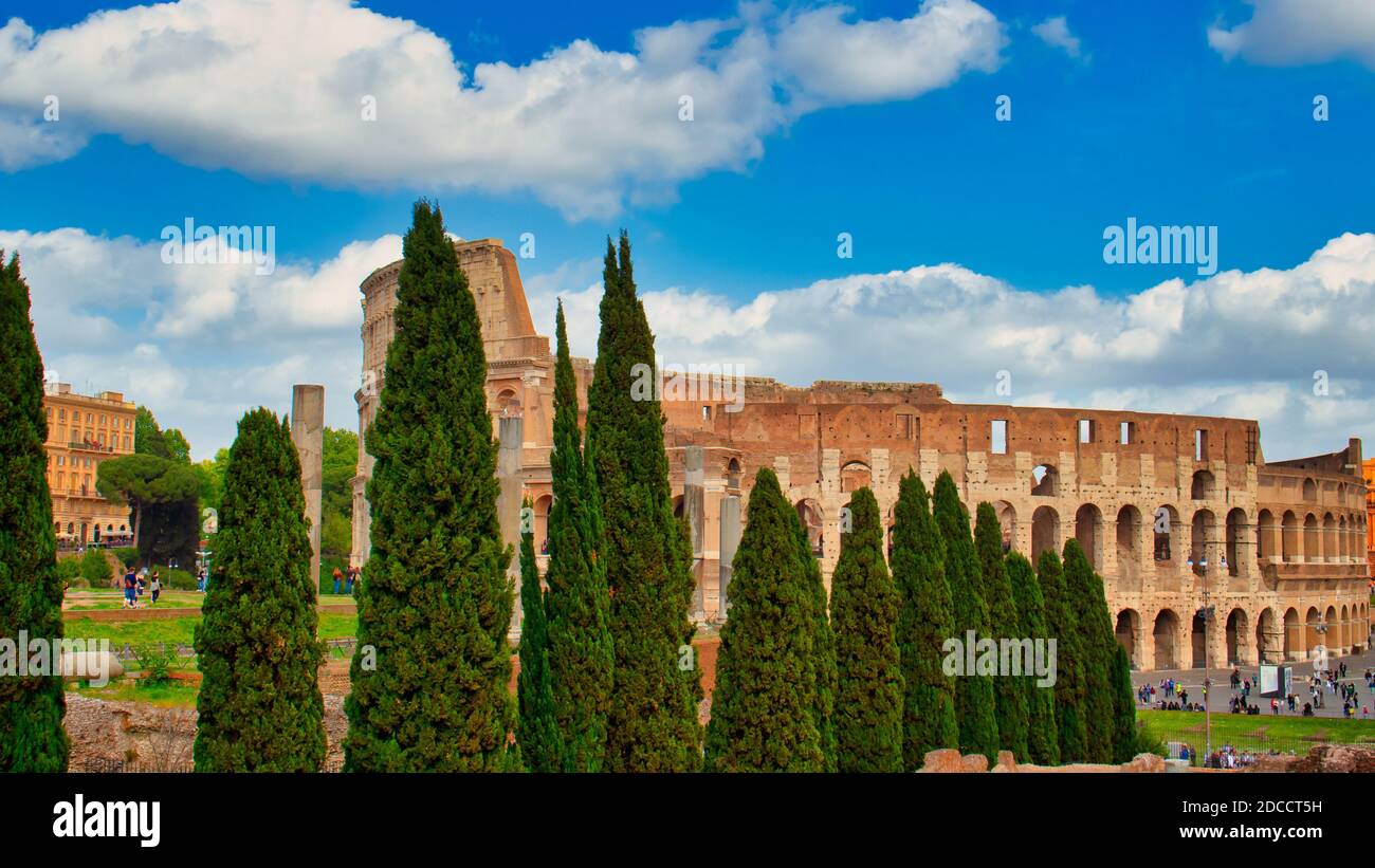 Il simbolo di Roma, il Colosseo con gli alberi sul davanti Foto Stock