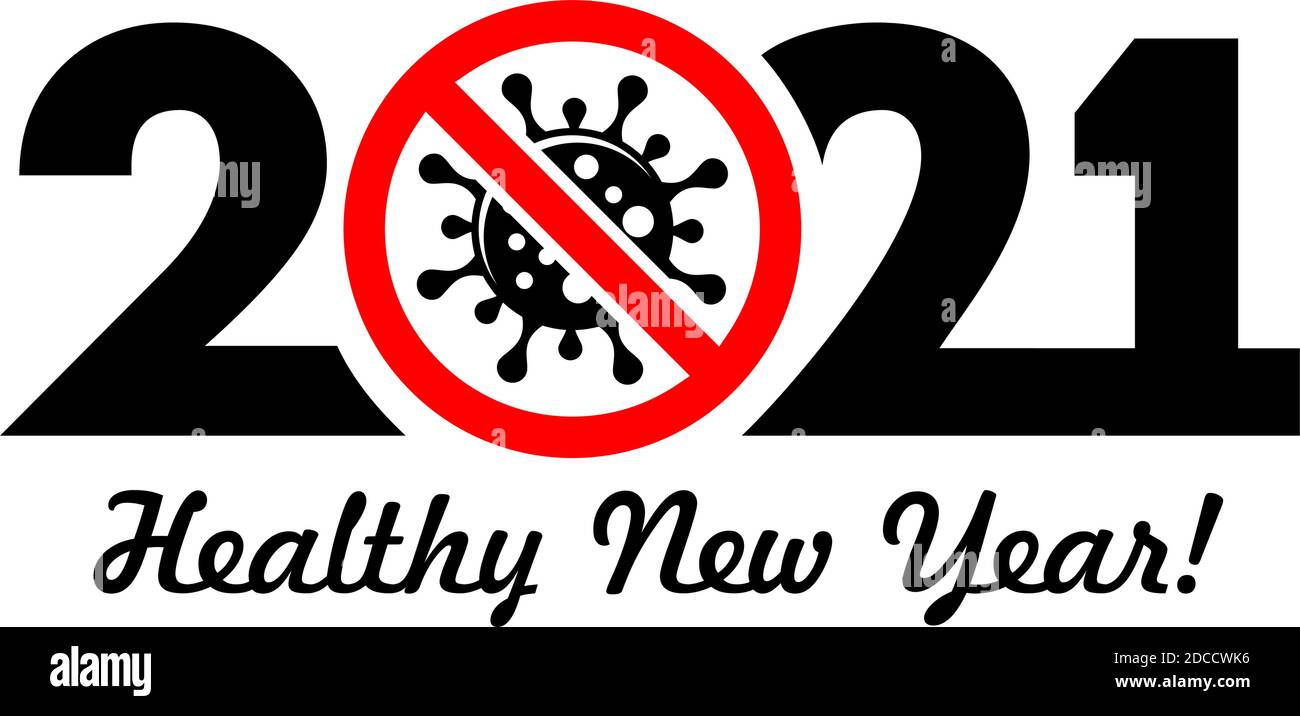 2021 a hanno il logo di Capodanno sano. Arrestare il coronavirus in 2021 concetto vettoriale su sfondo trasparente Illustrazione Vettoriale