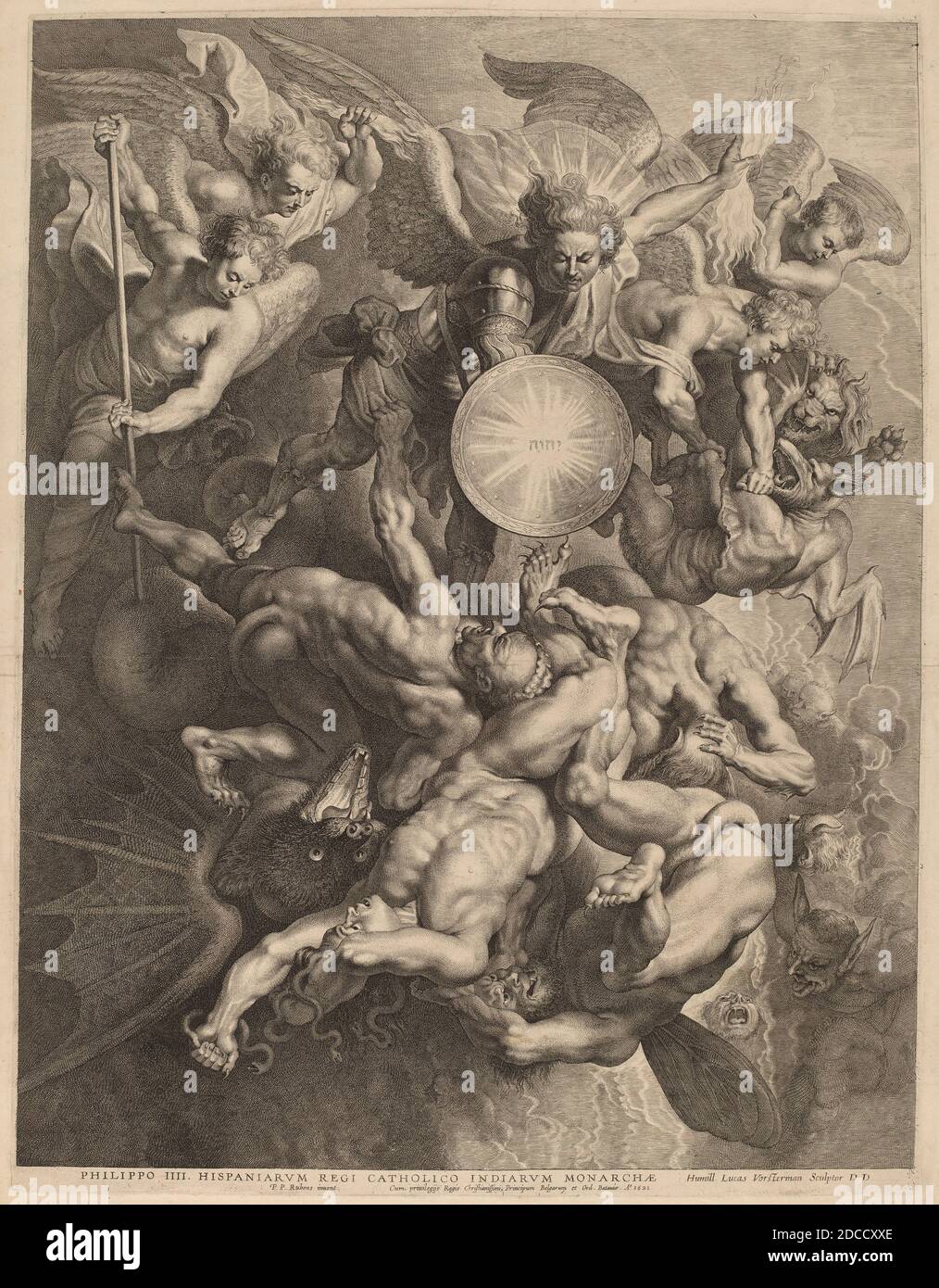 Lucas Emil Vorsterman, (artista), fiammingo, 1595 - 1675, Sir Peter Paul Rubens, (artista dopo), fiammingo, 1577 - 1640, la caduta degli angeli ribelli, 1621, incisione su carta defilata Foto Stock