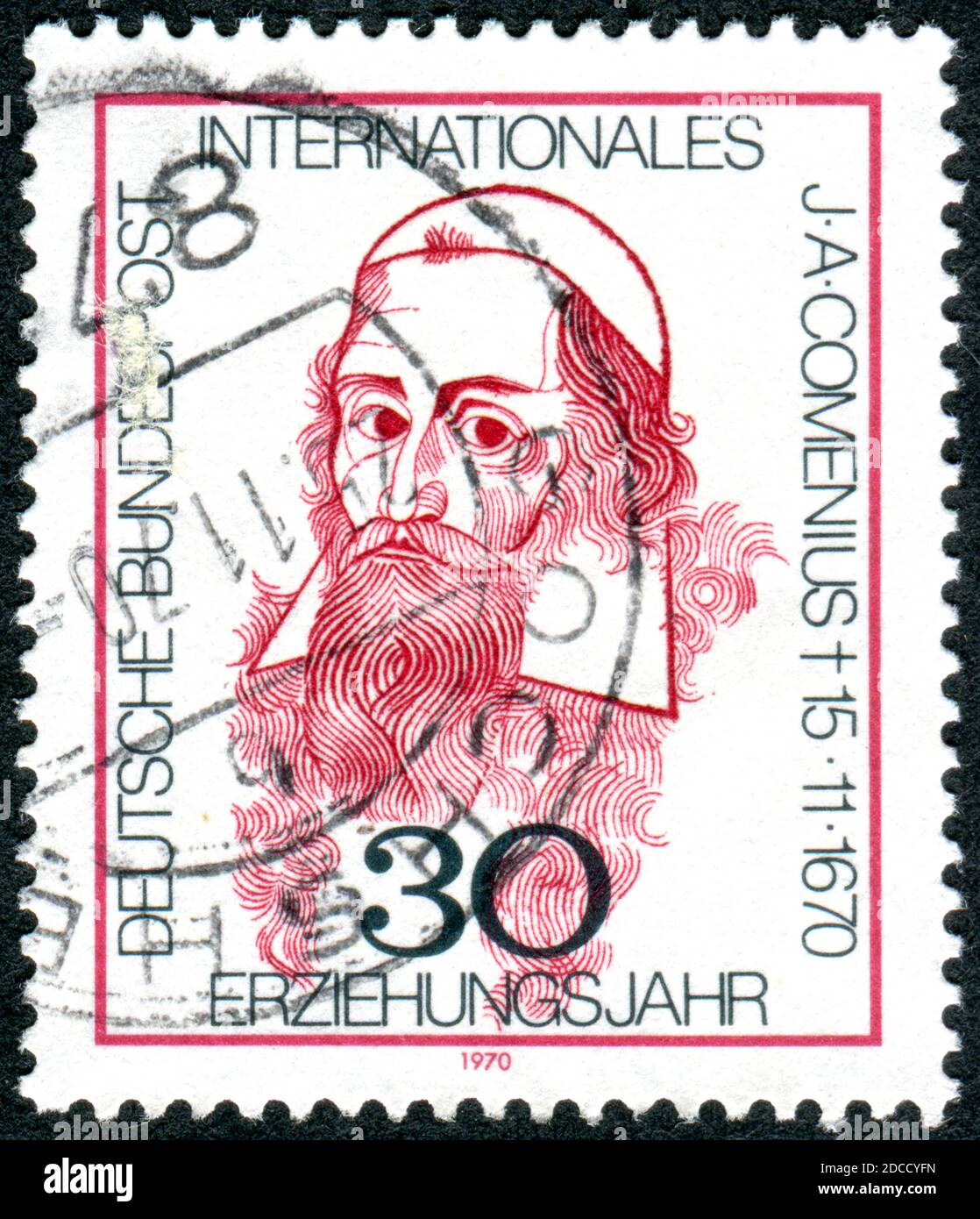 GERMANIA - CIRCA 1970: Un francobollo stampato in Germania, raffigurante il ritratto di John Amos Comenius, filosofo, pedagogo e teologo ceco, intorno al 1970 Foto Stock