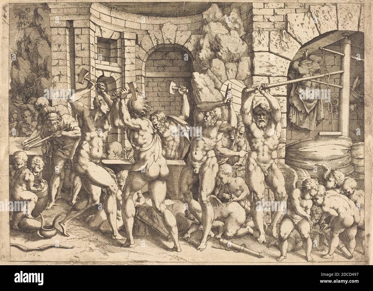 Louis Elle i, (artista), francese, 1612 - 1689, Francesco Primaticcio, (artista dopo), italiano, 1504 - 1570, la Forga di Vulcan, incisione Foto Stock
