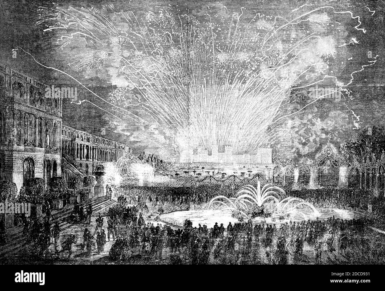 Spettacolo di fuochi d'artificio a Versailles per la Regina Victoria, 1855 Foto Stock