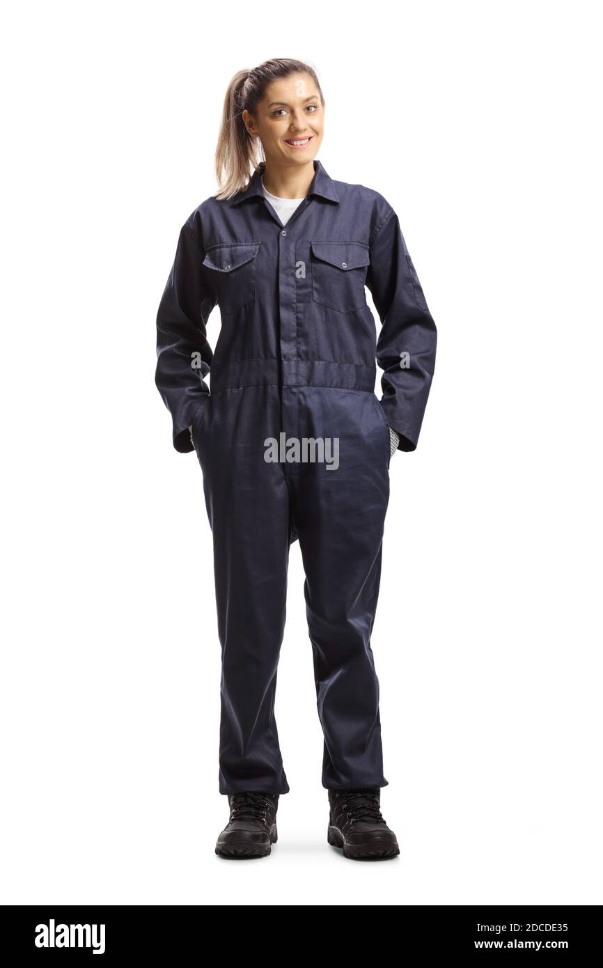 Ritratto a tutta lunghezza di una lavoratrice in uniforme isolata su sfondo bianco Foto Stock