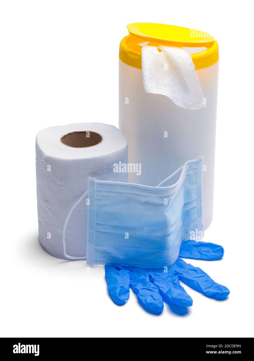 Incoronavirus Essentials of Wipes maschera carta igienica e guanti. Foto Stock
