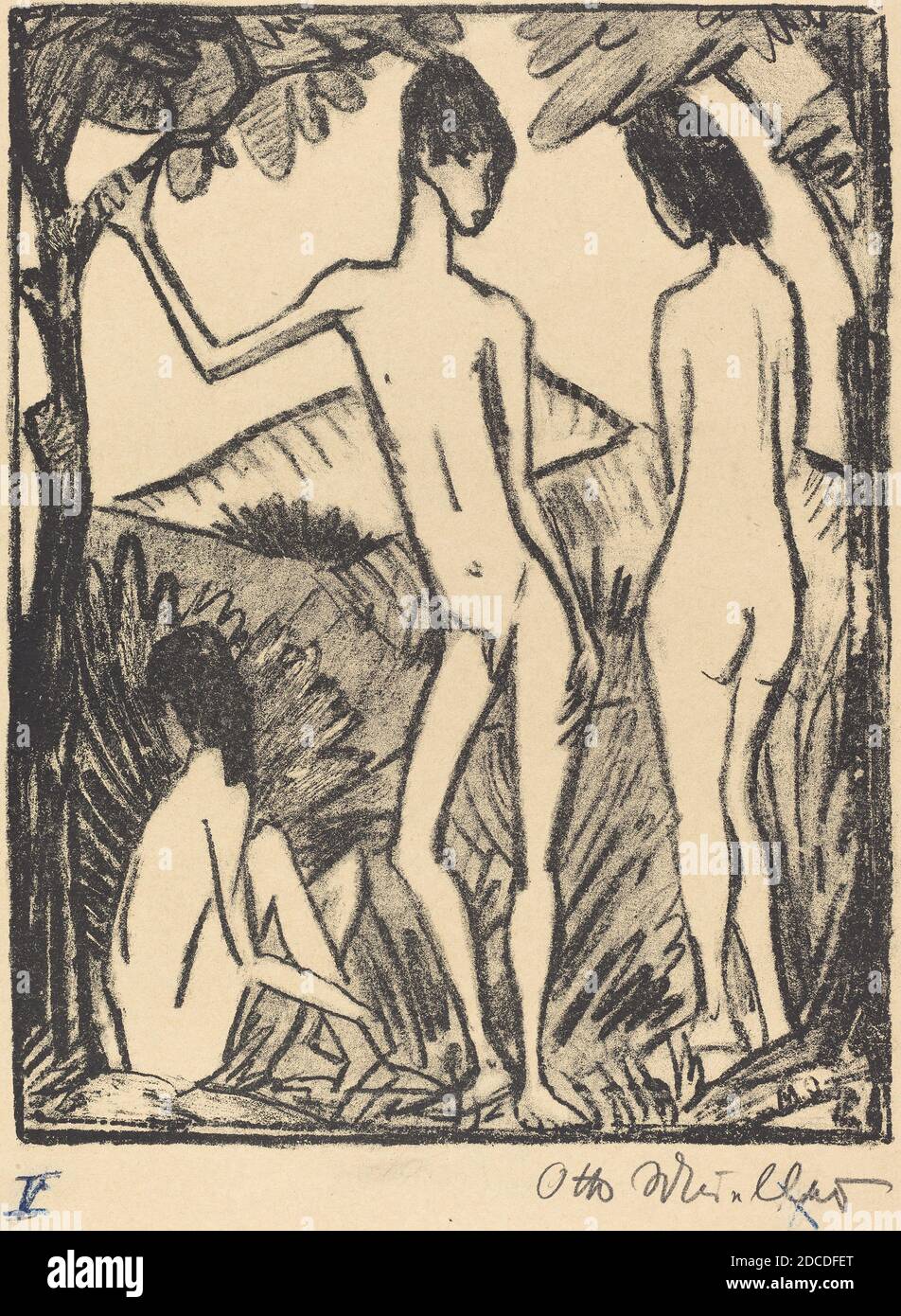 Otto Müller, (artista), tedesco, 1874 - 1930, Sting Boy and Two Girls (Stehender Knabe und zwei Madchen), 1917, litografia Foto Stock
