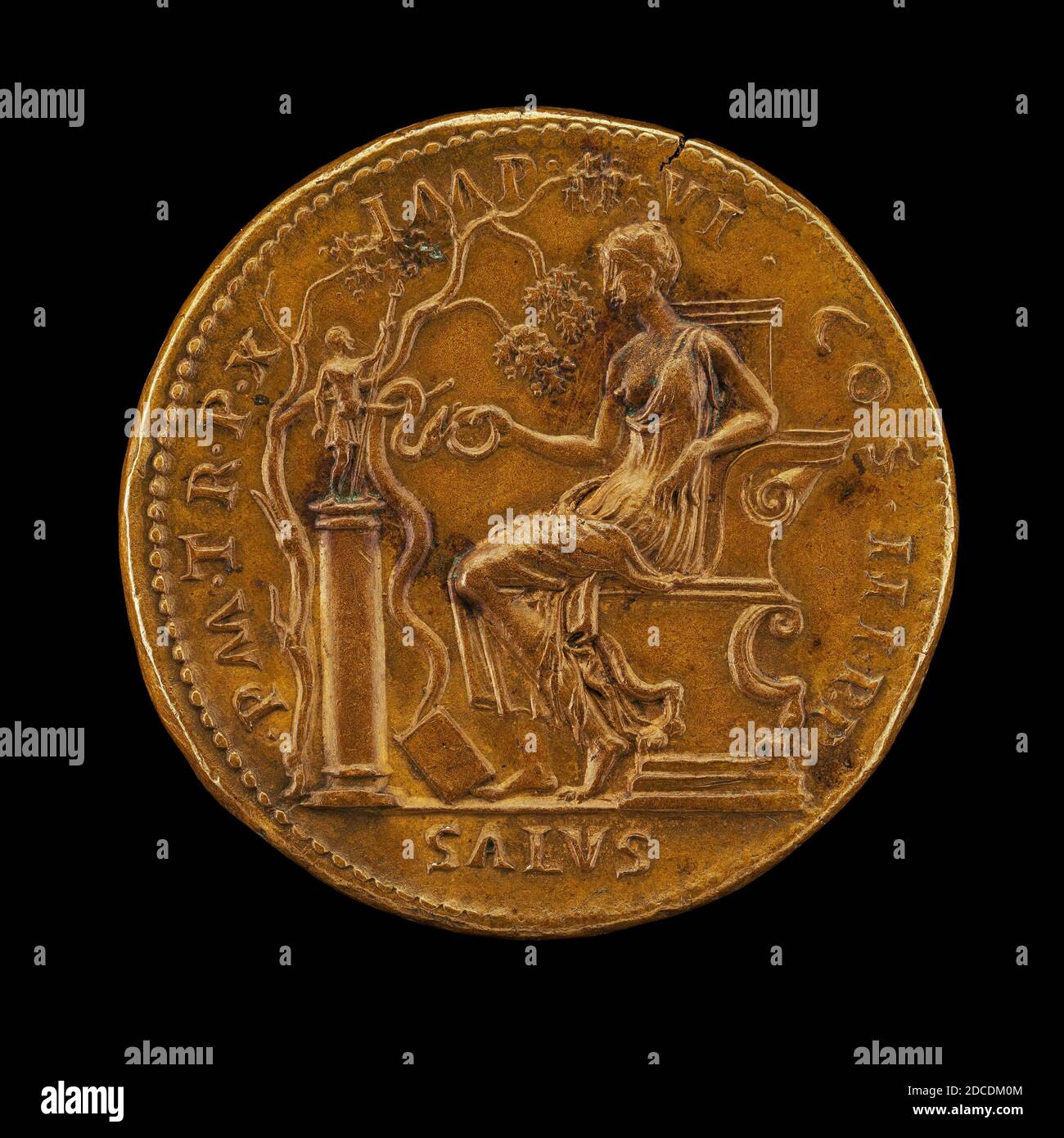 Giovanni da CAVINO, (artista), Paduan, 1500 - 1570, Salus e serpente, bronzo/colpito, totale (diametro): 3.85 cm (1 1/2 in.), peso lordo: 34.91 gr (0.077 lb.), asse: 6:00 Foto Stock