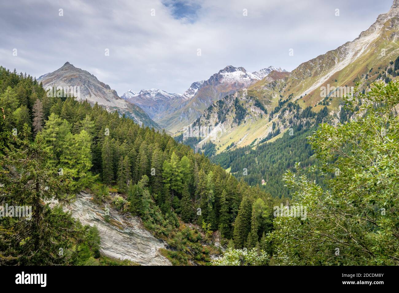 Vista sulla valle Val Bregaglia (in tedesco: Bergell) in cima al Passo Maloja (Engadina, Svizzera) Foto Stock