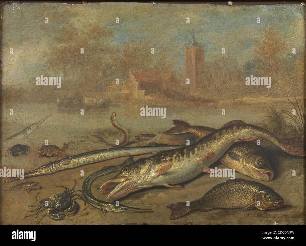 Jan van Kessel il Vecchio - Pesce e paesaggio. Foto Stock