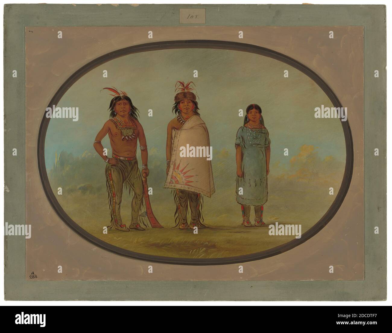 George Catlin, (artista), americano, 1796 - 1872, due Guerrieri Chippewyan e una Donna, 1855/1869, olio su carta montato su cartone, totale: 47 x 62.4 cm (18 1/2 x 24 9/16 pollici Foto Stock