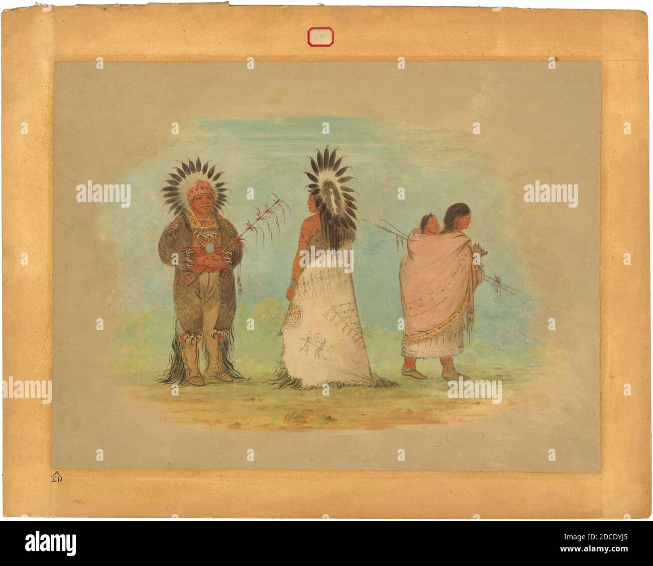 George Catlin, (artista), americano, 1796 - 1872, due capi ottopiedi e una donna, 1861/1869, olio su carta montato su cartone, totale: 45.4 x 60.9 cm (17 7/8 x 24 pollici Foto Stock