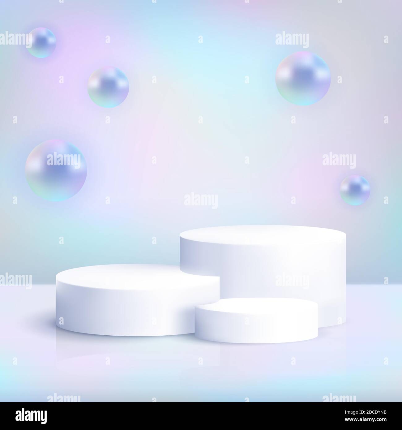 Podio bianco realistico su sfondo iridato con sfere olografiche volanti. Scena pastello con piedistallo cilindrico vuoto per la mostra di prodotti. Lusso Illustrazione Vettoriale