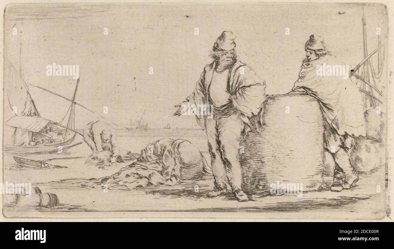 Stefano della Bella, (artista), fiorentino, 1610 - 1664, due marinai in piedi presso una grande balla di Merchandise, Quadreria Medicea, vol.3 (1986.50.11-108), (serie), incisione su carta deposta Foto Stock