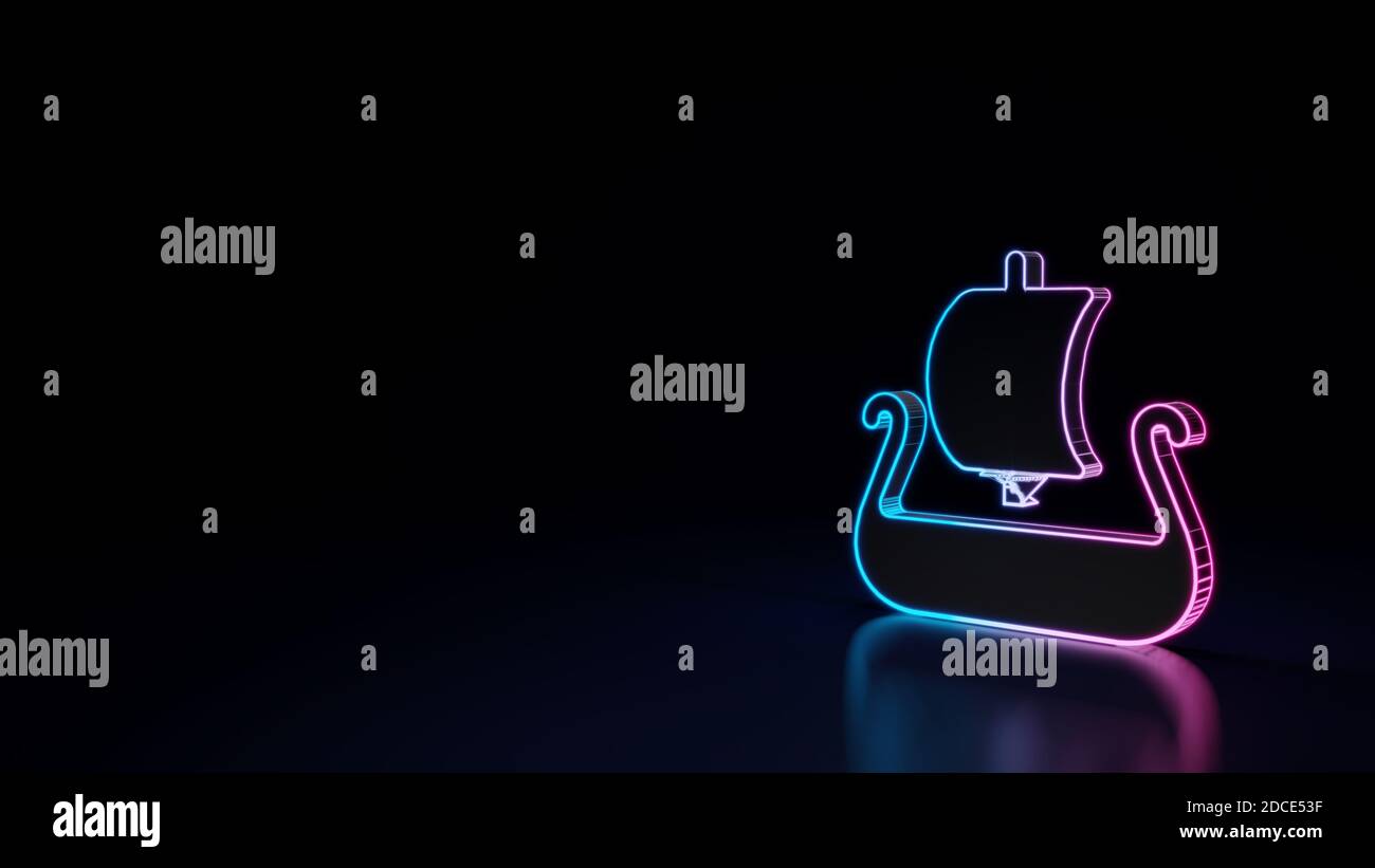 rendering 3d tecno neon viola blu brillante contorno simbolo wireframe di vecchia barca vichinga dal profilo isolato su sfondo nero con riflessi lucidi Foto Stock
