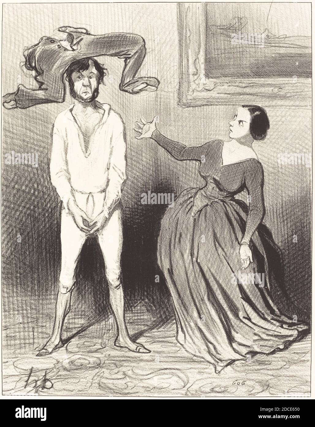 Honoré Daumier, (artista), Francese, 1808 - 1879, une femme comme moi... remettre un bouton?..., Les Bas-bleus: pl.28, (serie), 1844, litografia Foto Stock