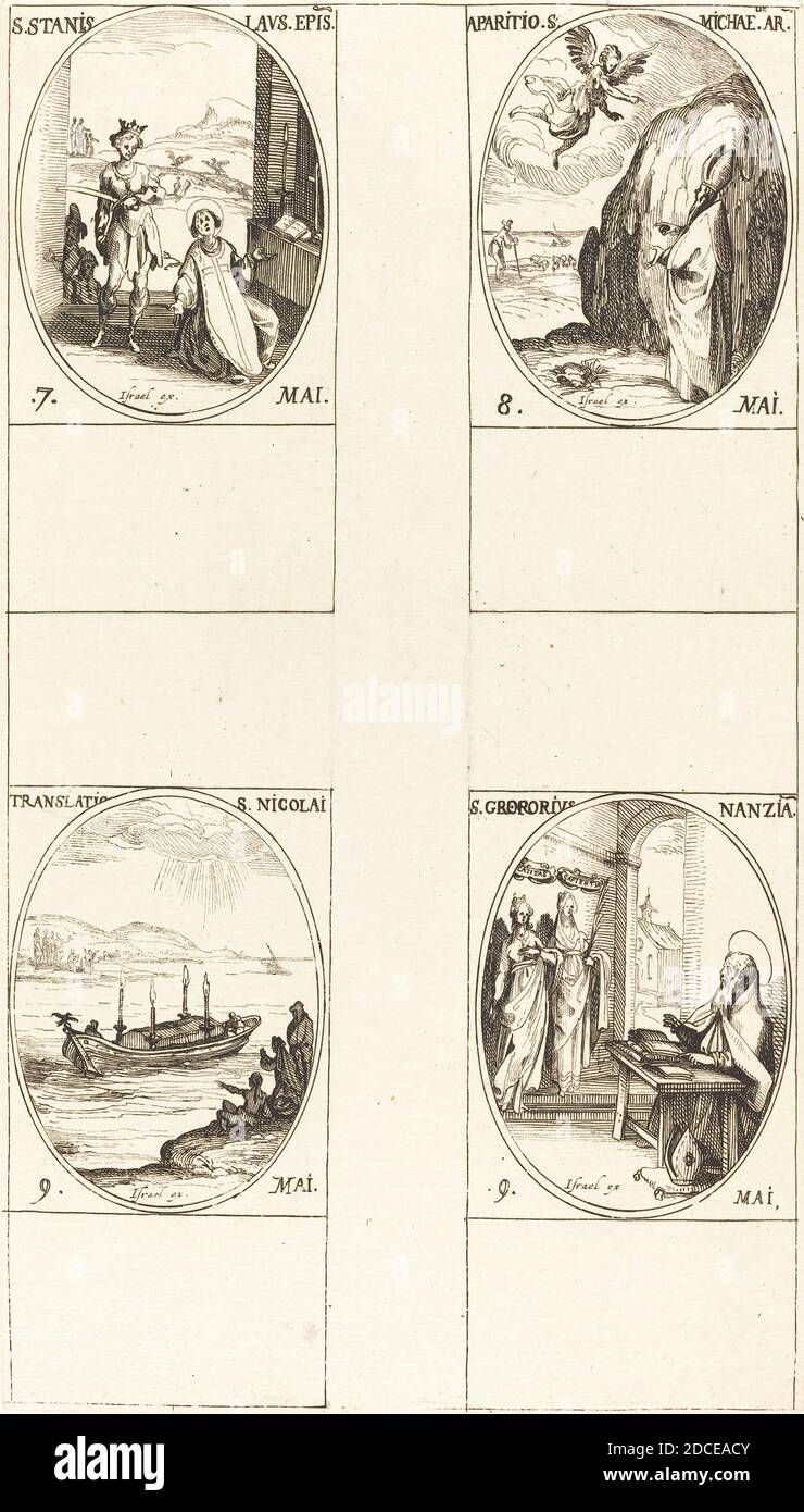 Jacques Callot, (artista), francese, 1592 - 1635, San Stanislao; l'apparizione di San Michele; la traduzione di San Nicola; San G, il Calendario dei Santi, (serie), incisione Foto Stock