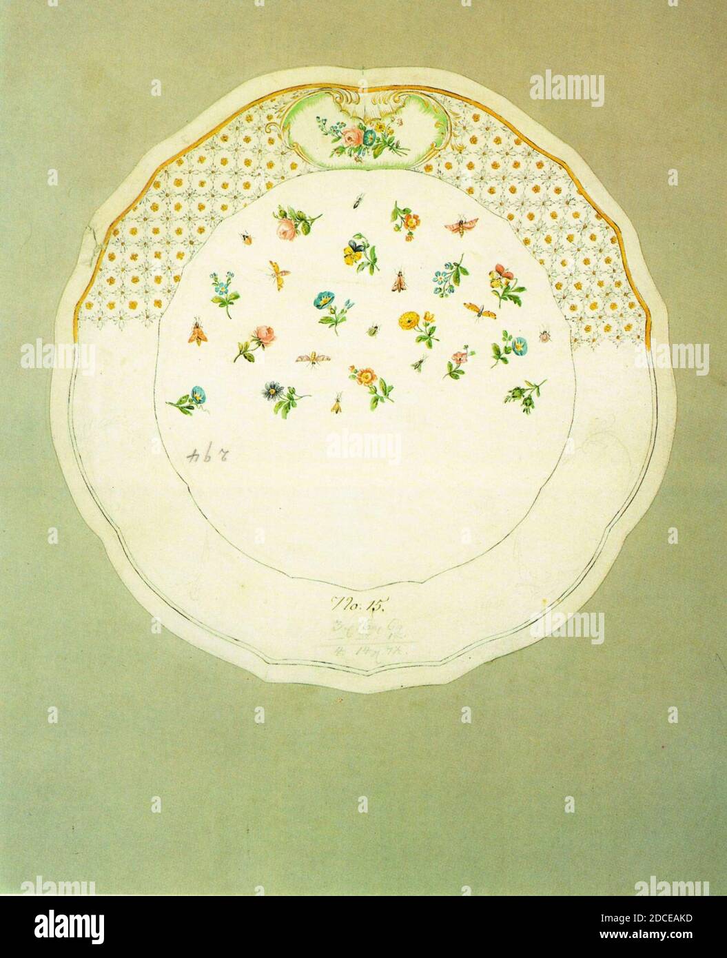 Kesting - Entwurf für einen Wandteller mit Streublumen und Insekten. Foto Stock