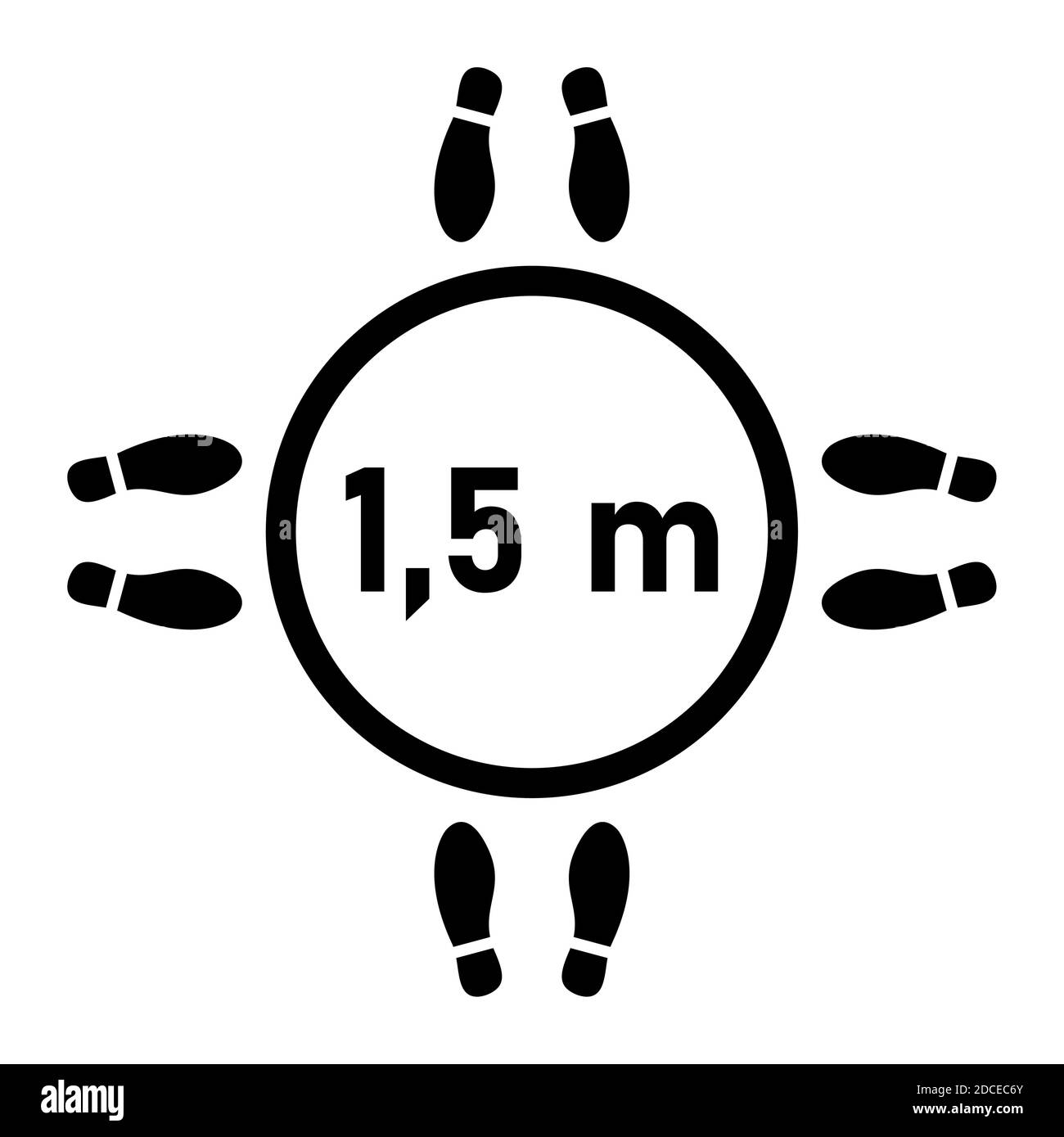 Mantieni la distanza Social Distancing 1,5 m o 1,5 metri icona con un anello e Shoe Prints. Immagine vettoriale. Illustrazione Vettoriale