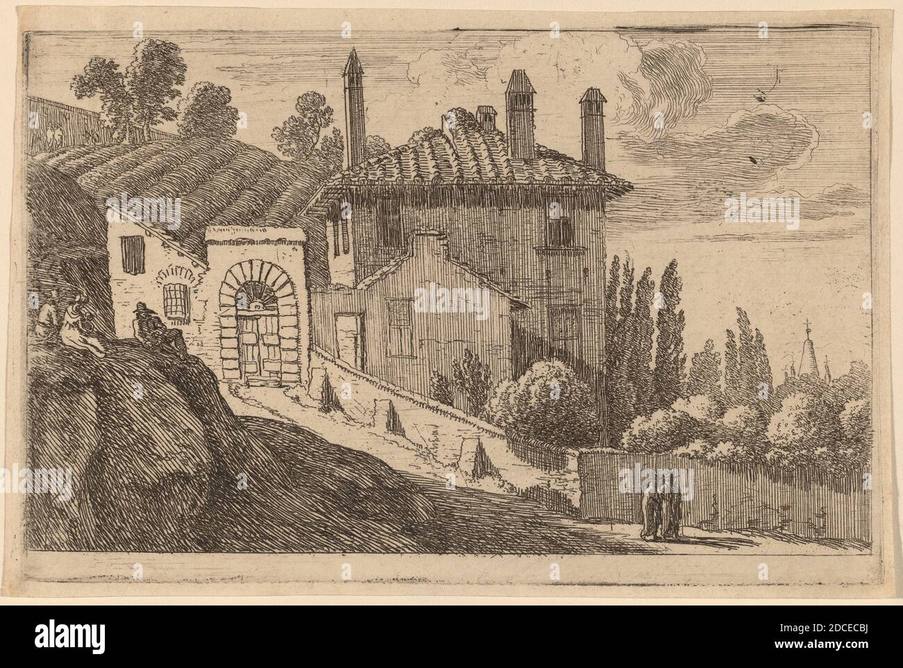 Herman van Swanevelt, (artista), olandese, c. 1600 - 1655, Vista di una Villa Italiana, dodici vedute di Roma con dedica a Tallemant, (serie), incisione Foto Stock