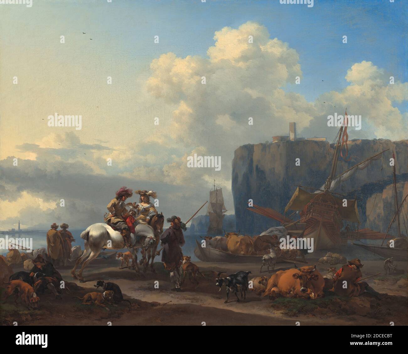 Nicolaes Pietersz Berchem, (artista), Olandese, 1620 - 1683, Vista di un Porto Italiano, inizio 1660, olio su tela, totale: 48 x 59.5 cm (18 7/8 x 23 7/16 in.), incorniciato: 68.6 x 80 x 5.3 cm (27 x 31 1/2 x 2 1/16 in Foto Stock